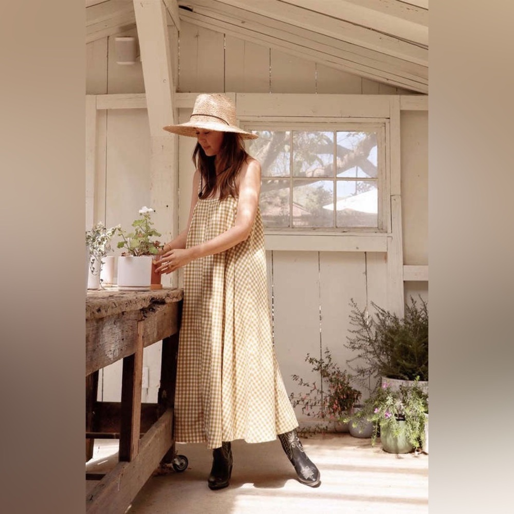 AMENTE TIE BACK MIDI DRESS - MUSTARD GINGHAM New Size Medium
